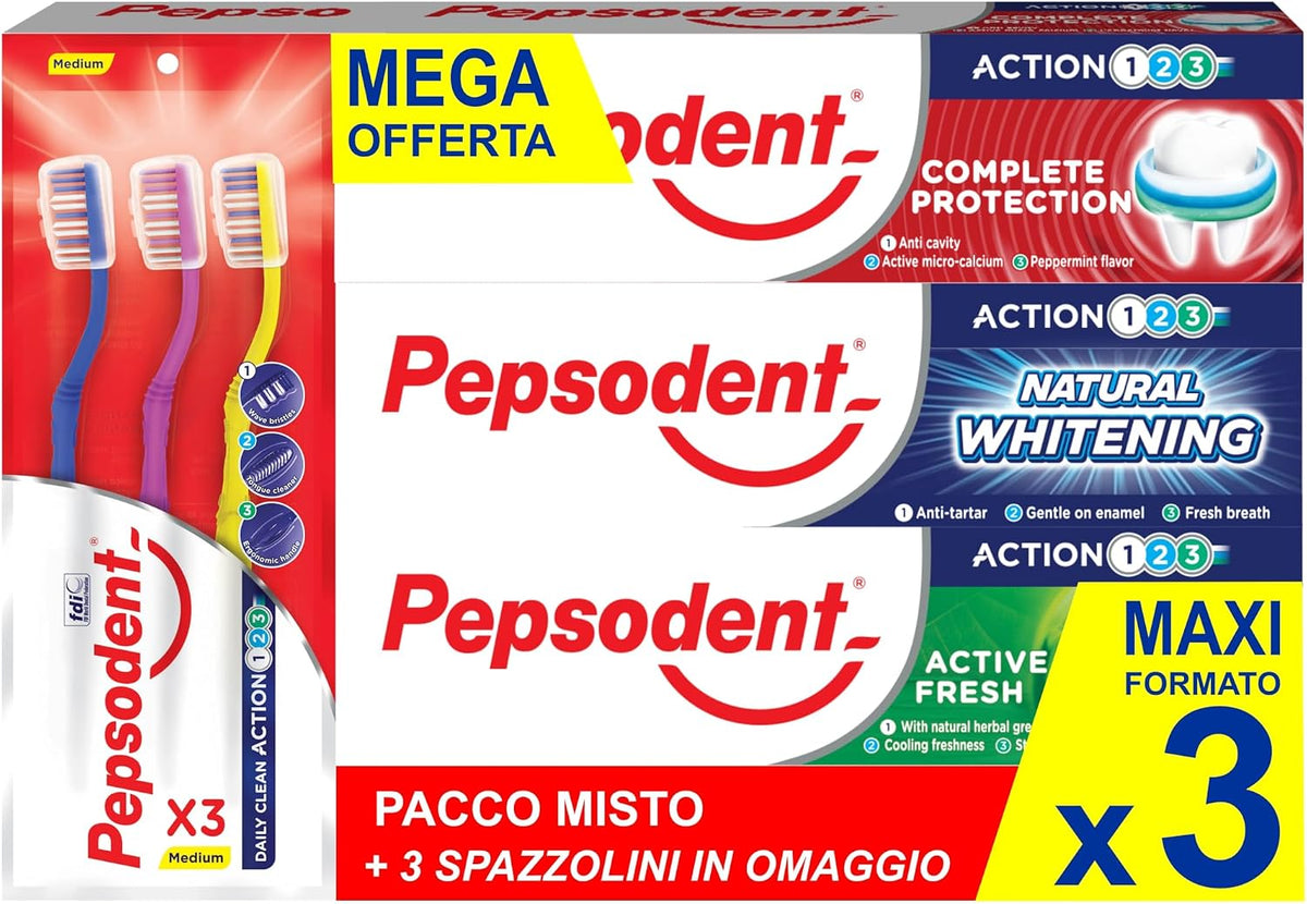 Pepsodent Toothpaste Mixed Pack 75 ml (2.5 fl oz) with 3 Toothbrushes, Pack of 3 — product view