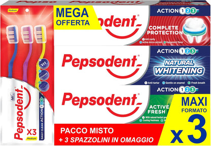 Pepsodent Toothpaste Mixed Pack 3 x 75 ml with 3 Toothbrushes