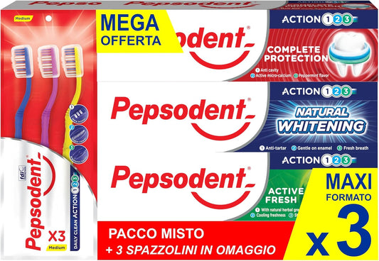 Pepsodent Toothpaste Mixed Pack 3 x 75 ml with 3 Toothbrushes