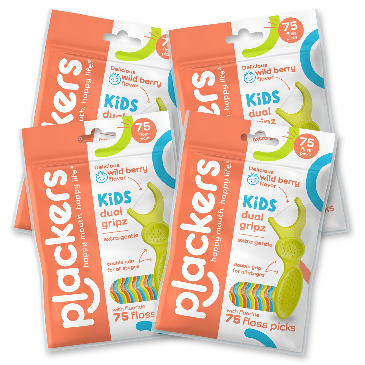 Plackers Kids Dual Gripz Floss Picks, Wild Berry, 75 Count, Pack of 4