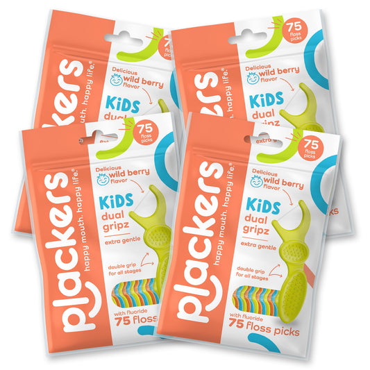 Plackers Kids Dual Gripz Floss Picks, Wild Berry, 75 Count, Pack of 4