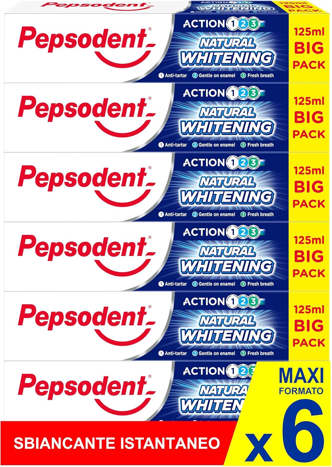 Pepsodent Natural Whitening Anti-Tartar Toothpaste, 125 ml (4.2 fl oz), Pack of 6 — product view