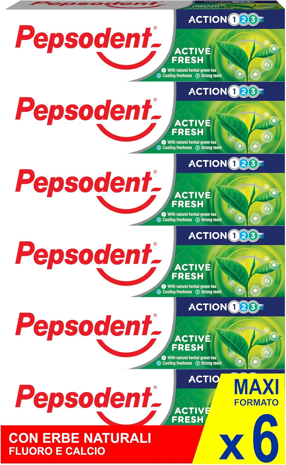 Pepsodent Active Fresh Toothpaste with Fluoride & Calcium, 6 x 75 ml
