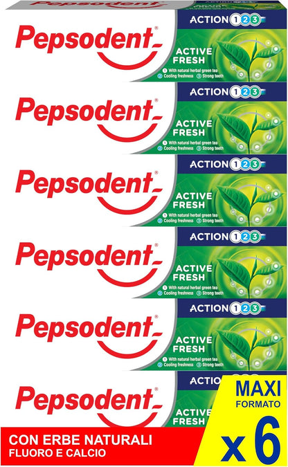Pepsodent Active Fresh Toothpaste with Fluoride & Calcium, 6 x 75 ml