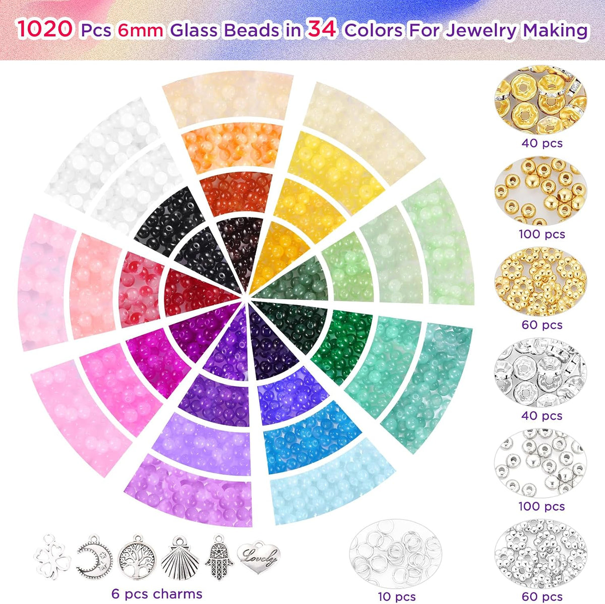 Funtopia 1368 Piece 6mm Glass Bead Kit for Bracelets and Jewellery Making - view 3
