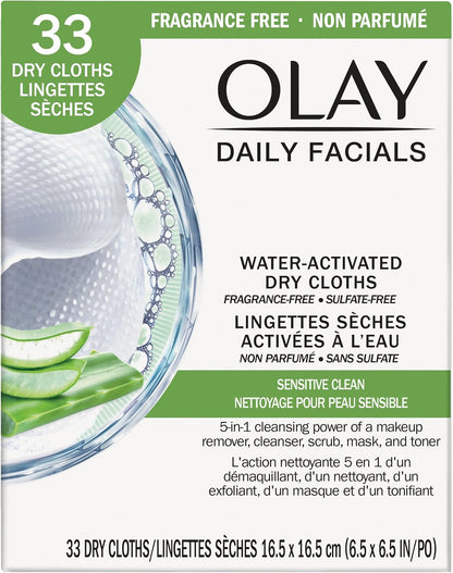 Olay Sensitive 4-in-1 Daily Facial Cloths, 33 Count, Pack of 2