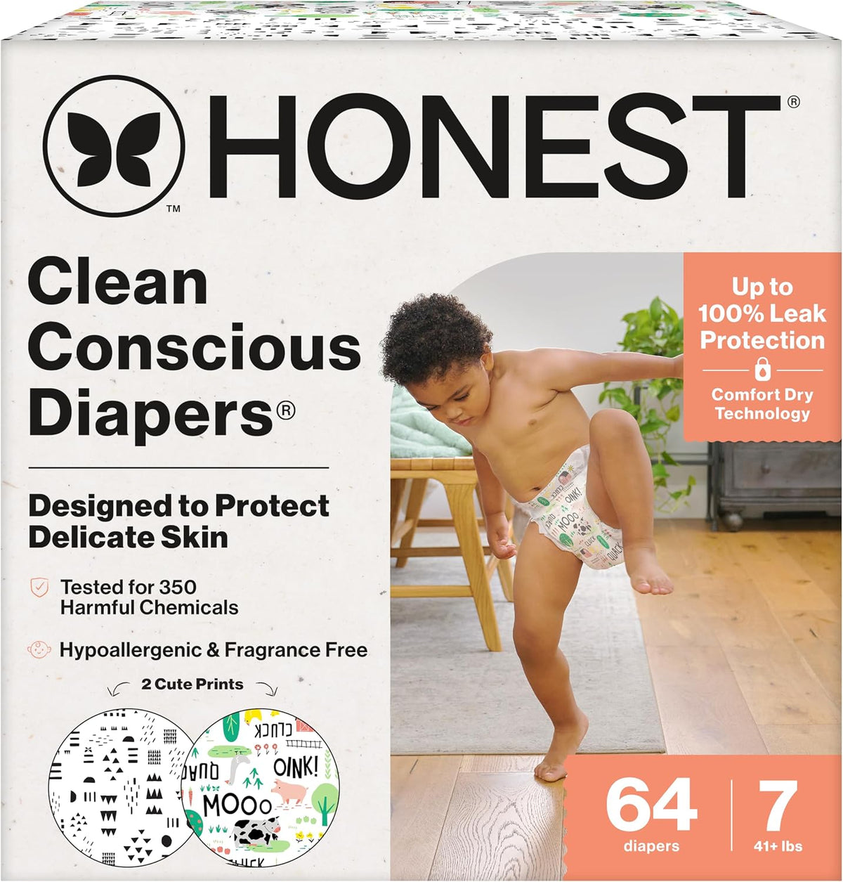The Honest Company Daytime Nappies, Pattern Play, Size 7, 64 Count