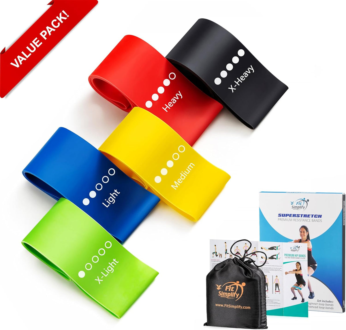 Fit Simplify Resistance Loop Exercise Bands Set of 5 with Guide and Carry Bag - view 3