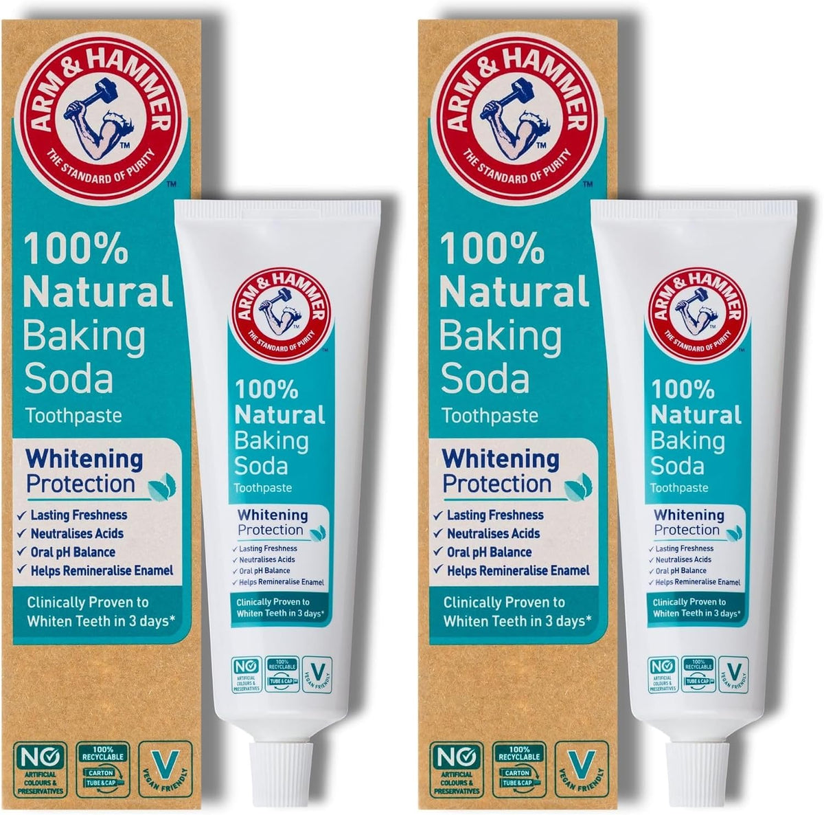 Arm & Hammer 100% Natural Baking Soda Whitening Protection Toothpaste, 75 ml (2.5 fl oz), Pack of 2 — product view