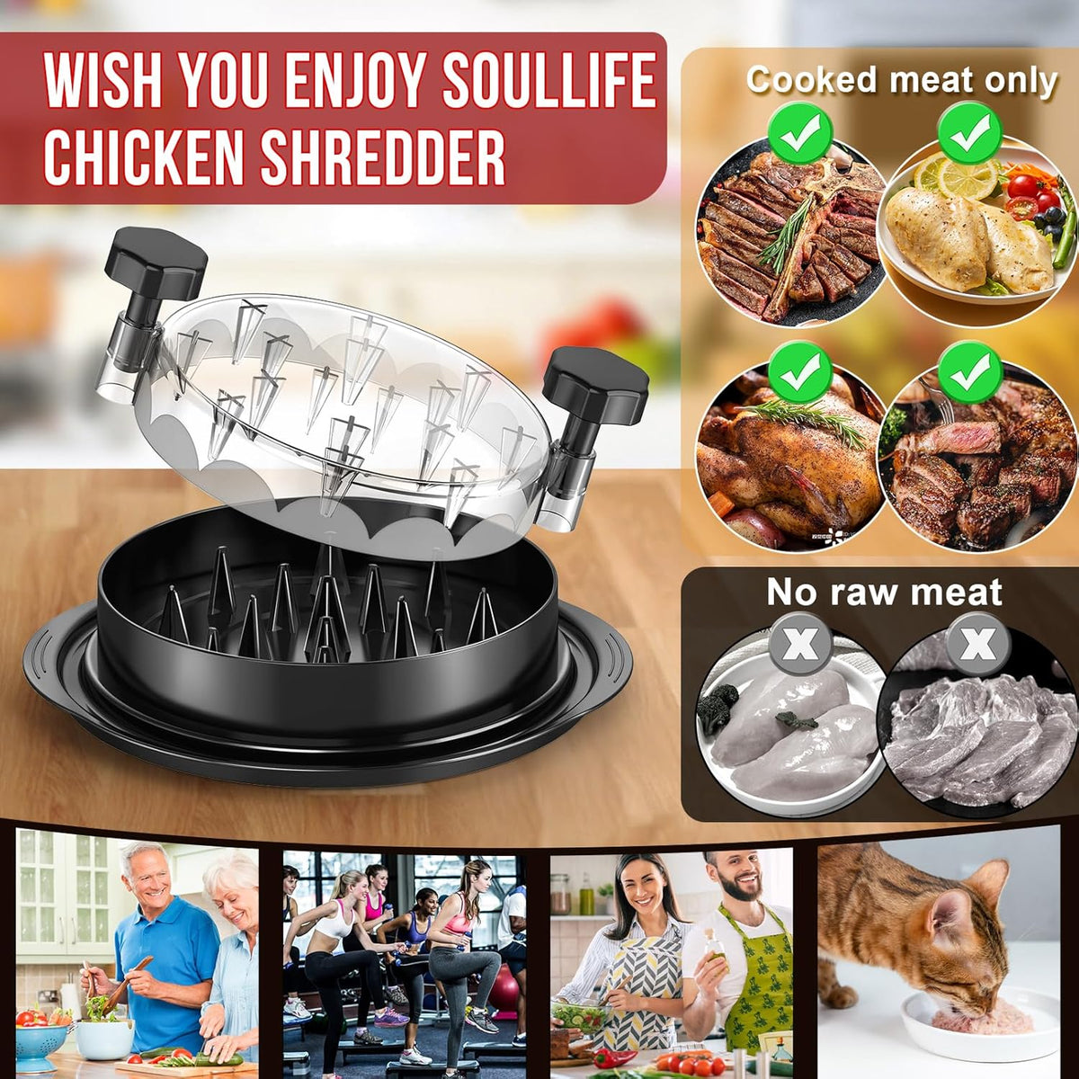 SoulLife Chicken Shredder Tool, 8 Inch, Black with Clear Lid - view 5