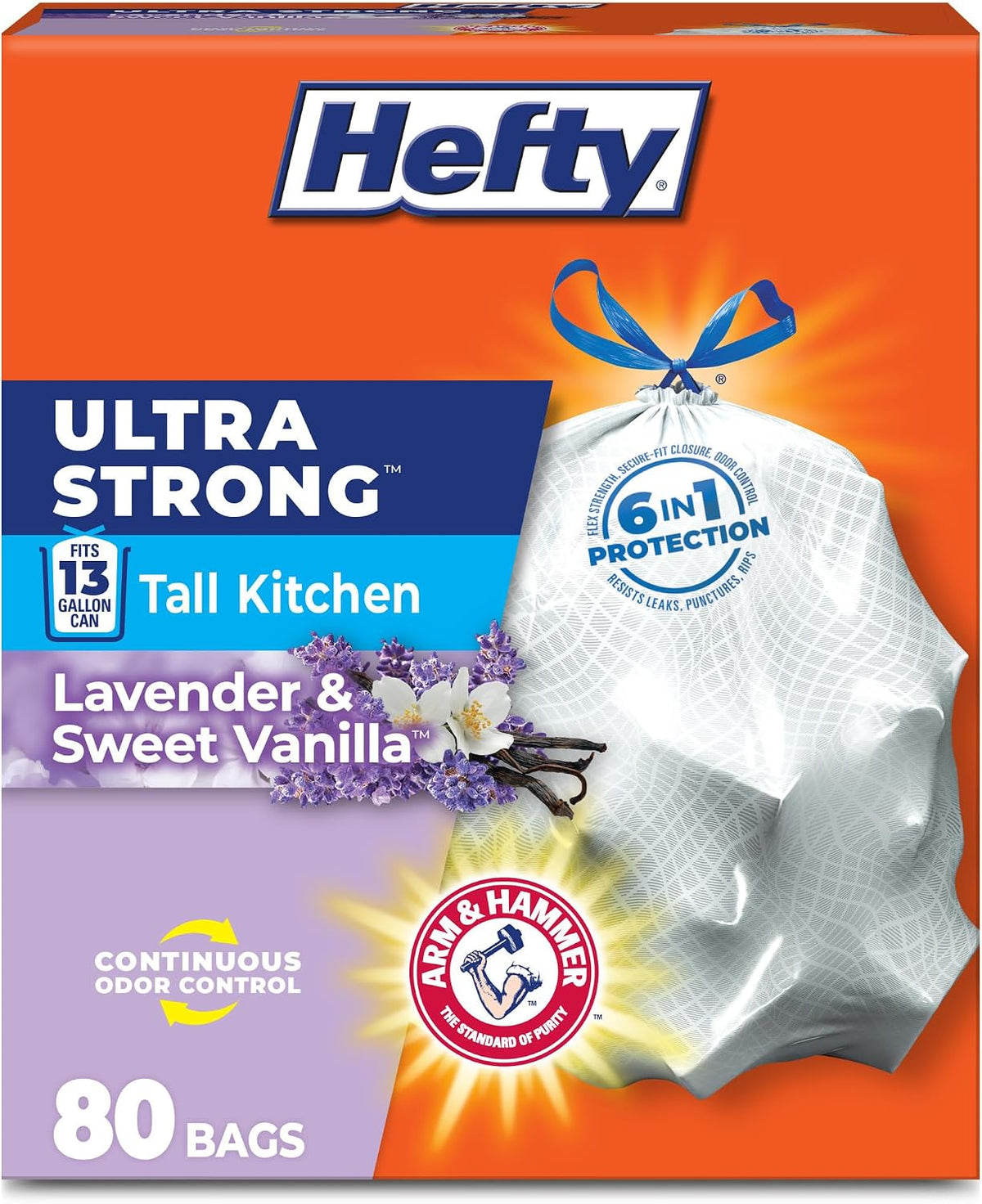 Hefty Ultra Strong 13 Gallon Kitchen Bin Bags, Lavender Vanilla, 80 Count