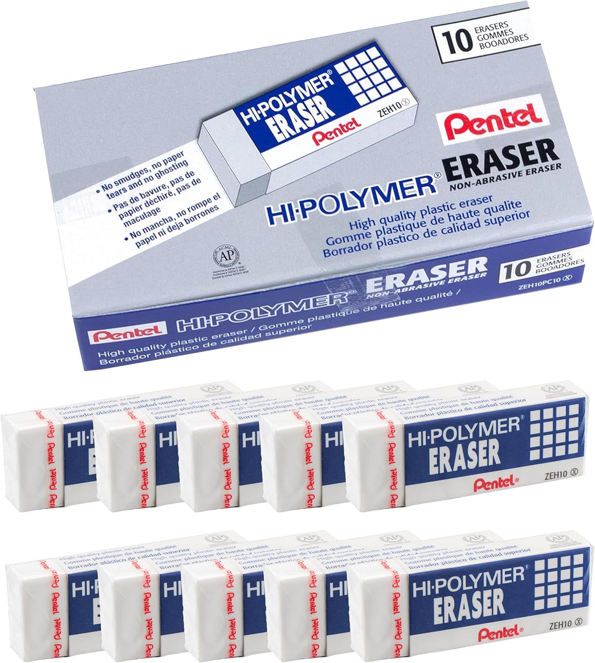 Pentel Hi-Polymer Block Eraser, Large, White, Pack of 10