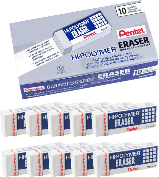 Pentel Hi-Polymer Block Eraser, Large, White, Pack of 10