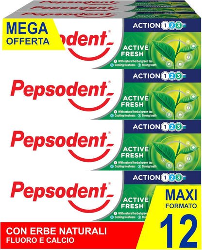 Pepsodent Active Fresh Toothpaste with Fluoride & Calcium, 12 x 75 ml