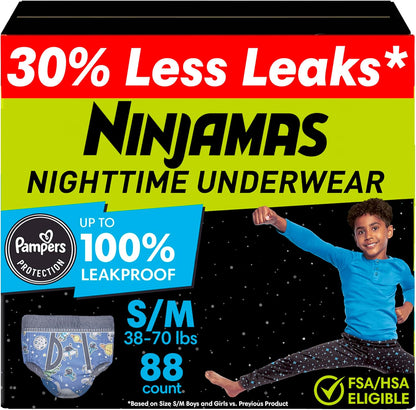 Ninjamas Boys Bedwetting Night-Time Underwear, S/M (38-70 lbs), 88 Count
