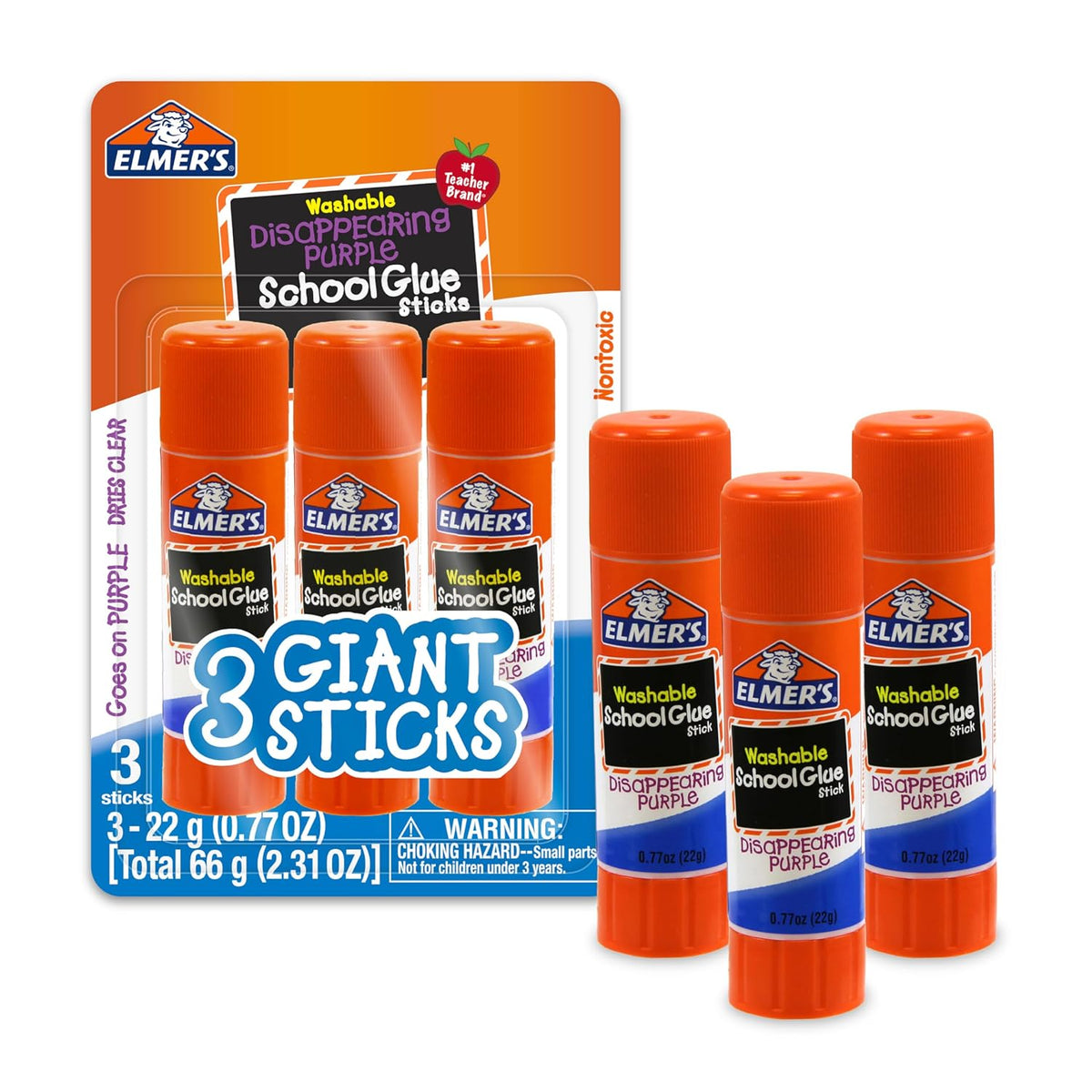 Elmer's Disappearing Purple School Glue Sticks, 22 g, Pack of 3 — product view