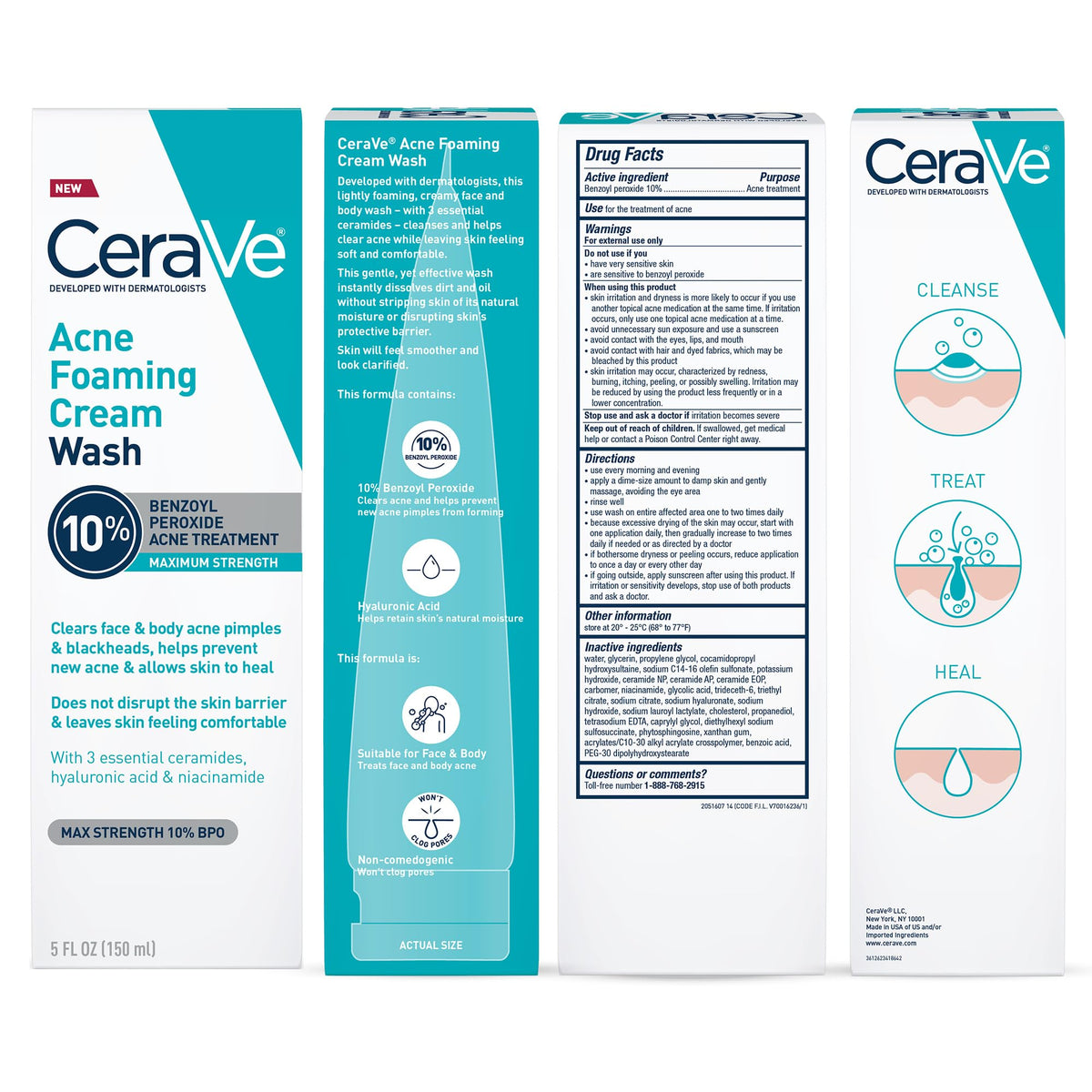 CeraVe Acne Foaming Cream Wash 10% box with Drug Facts panel