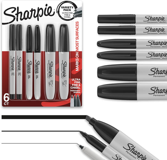 Sharpie Black Permanent Markers Variety Pack, Chisel, Fine, Ultra-Fine, 6 Count
