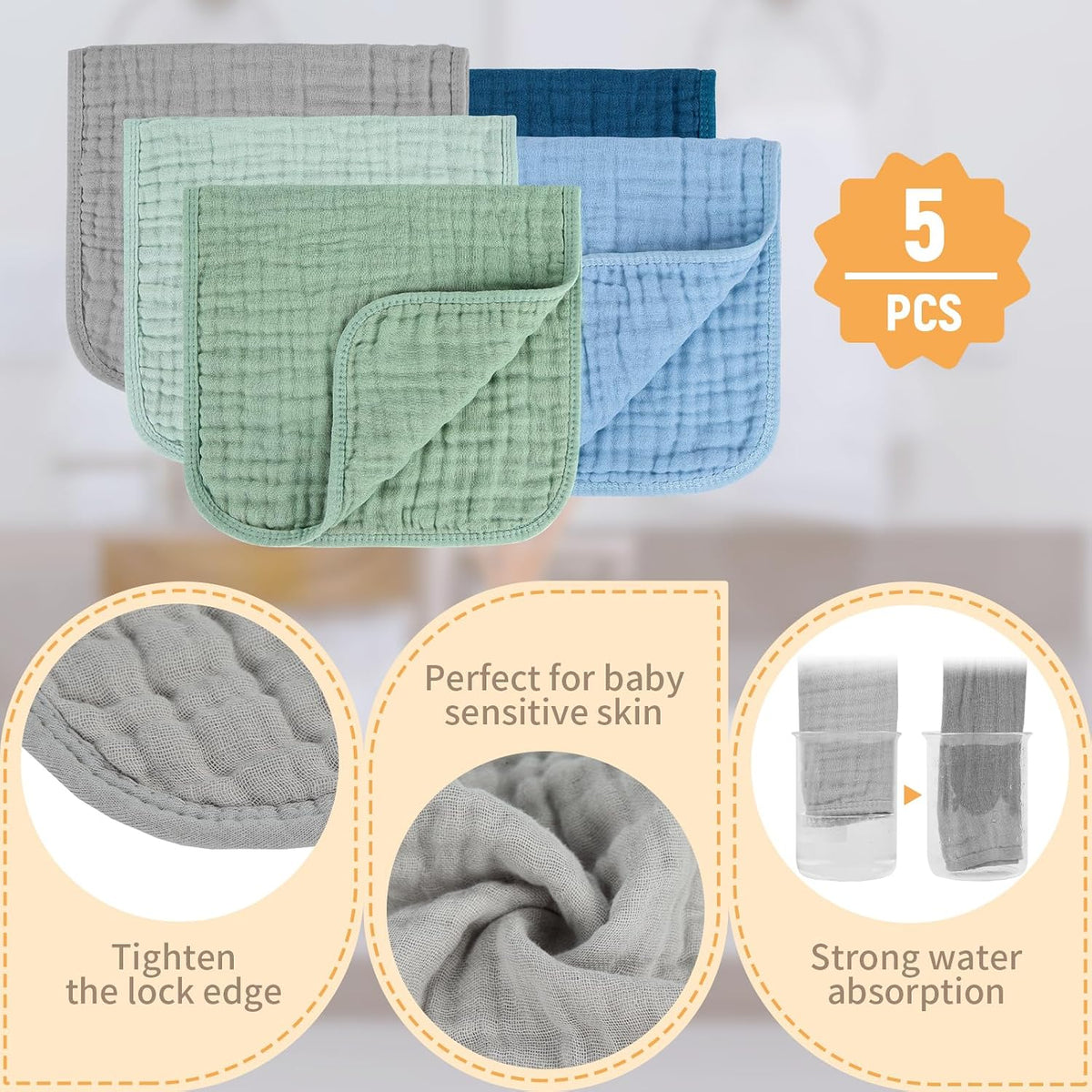 MIGIOL Baby Muslin Burp Cloths 10 x 20 Inch, Blue and Green, 5-Pack - view 5
