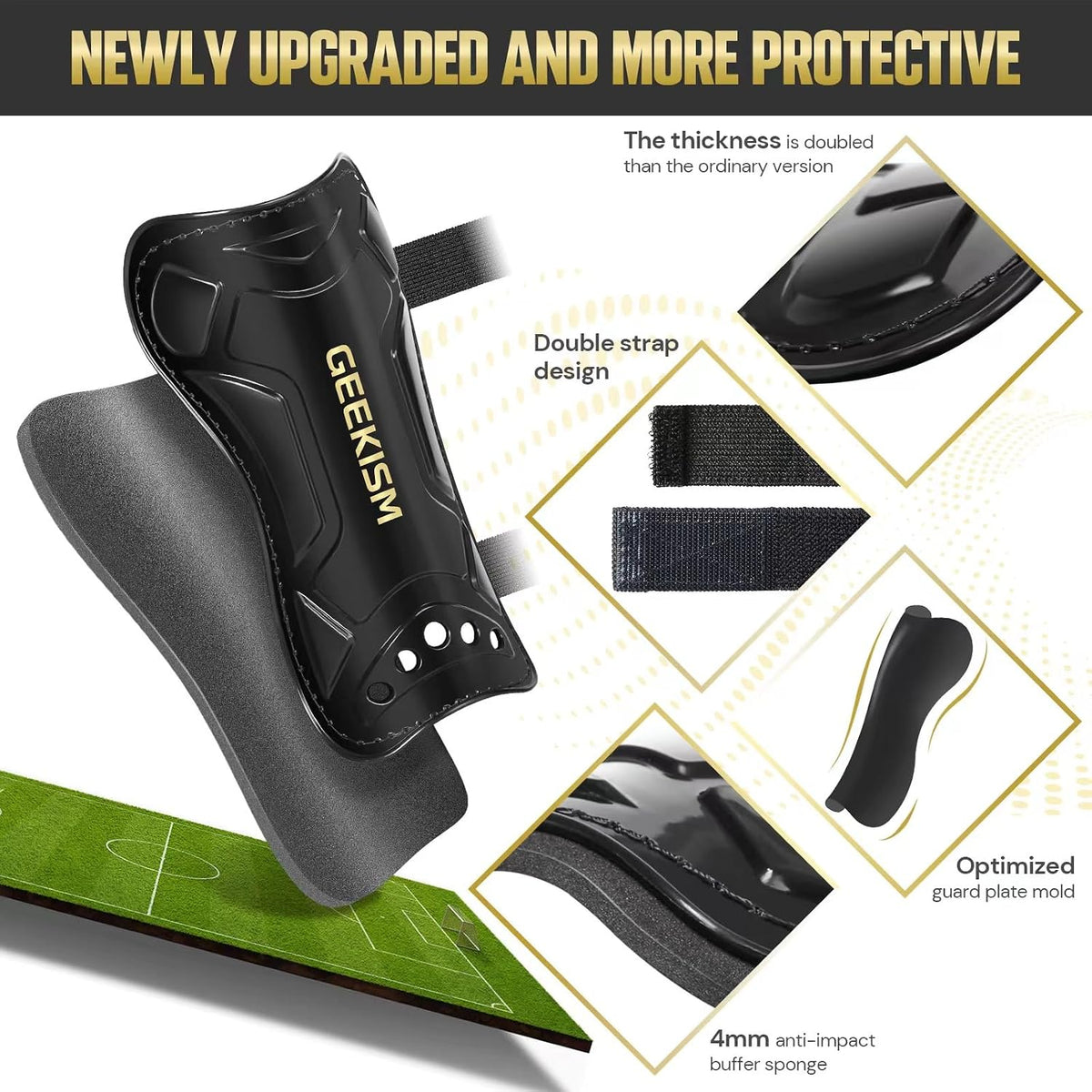 Geekism Soccer Shin Guards for Kids with Socks, Double Straps, Black, Medium - view 5