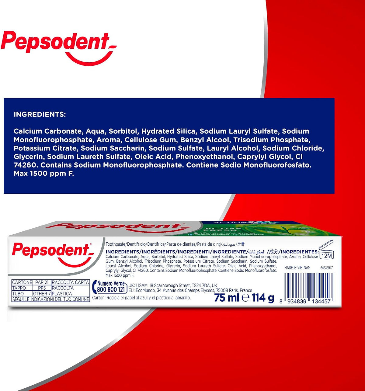 Pepsodent Active Fresh Toothpaste with Fluoride and Calcium 3 x 75 ml - view 3