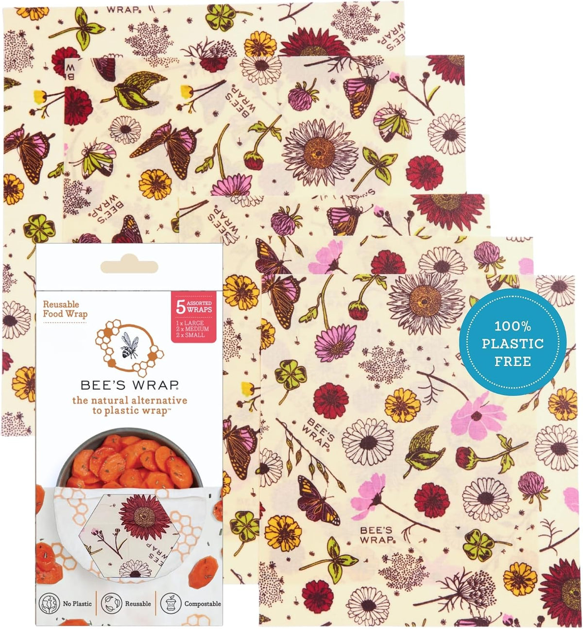Bee's Wrap Reusable Beeswax Food Wraps, Assorted 5 Pack, Meadow Magic — product view