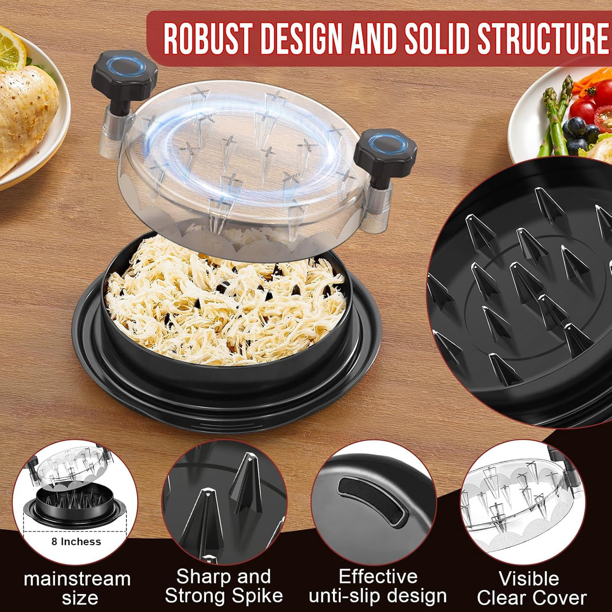 SoulLife Chicken Shredder Tool, 8 Inch, Black with Clear Lid - view 3