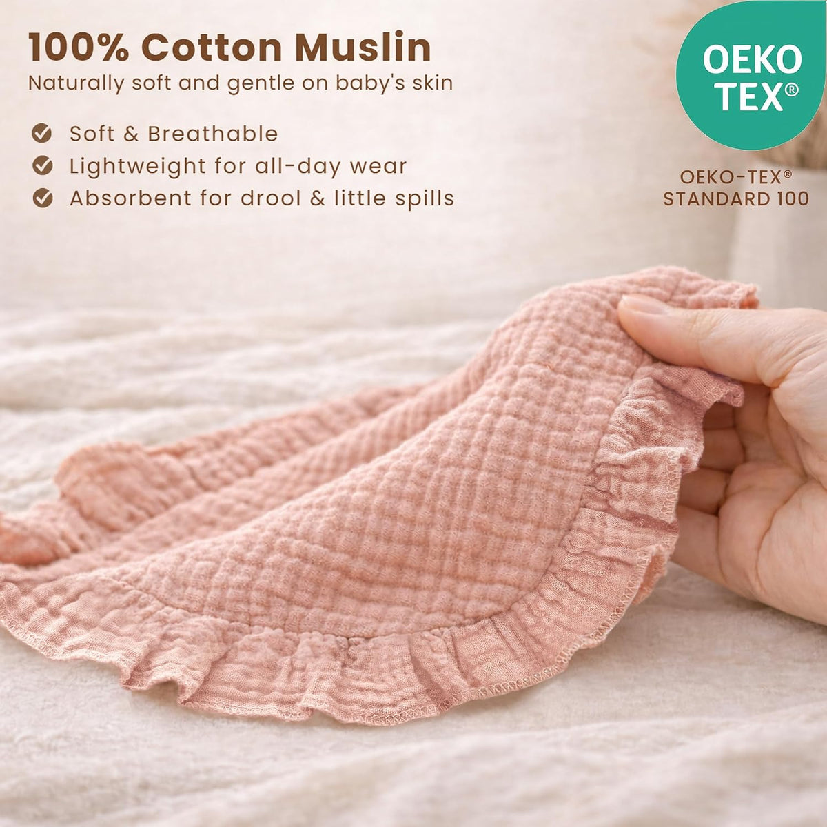 Konssy Muslin Baby Girl Bibs with Ruffle Trim, 3-Pack, 100% Cotton - view 3