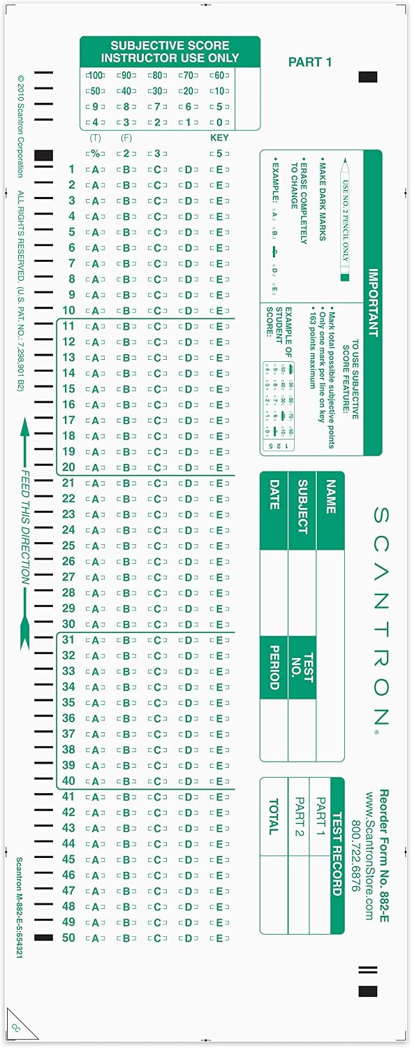 Scantron 882-E Answer Sheets, 100 Question, Pack of 25 — product view