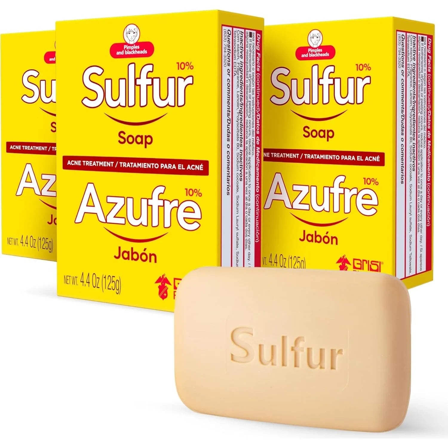 Biosulfur Grisi Sulfur Soap, Acne Treatment, Cleaner Bar Soap, Sulfur 10%, 3-Pack of 4.4 Oz, Bar Soaps - USA in UK