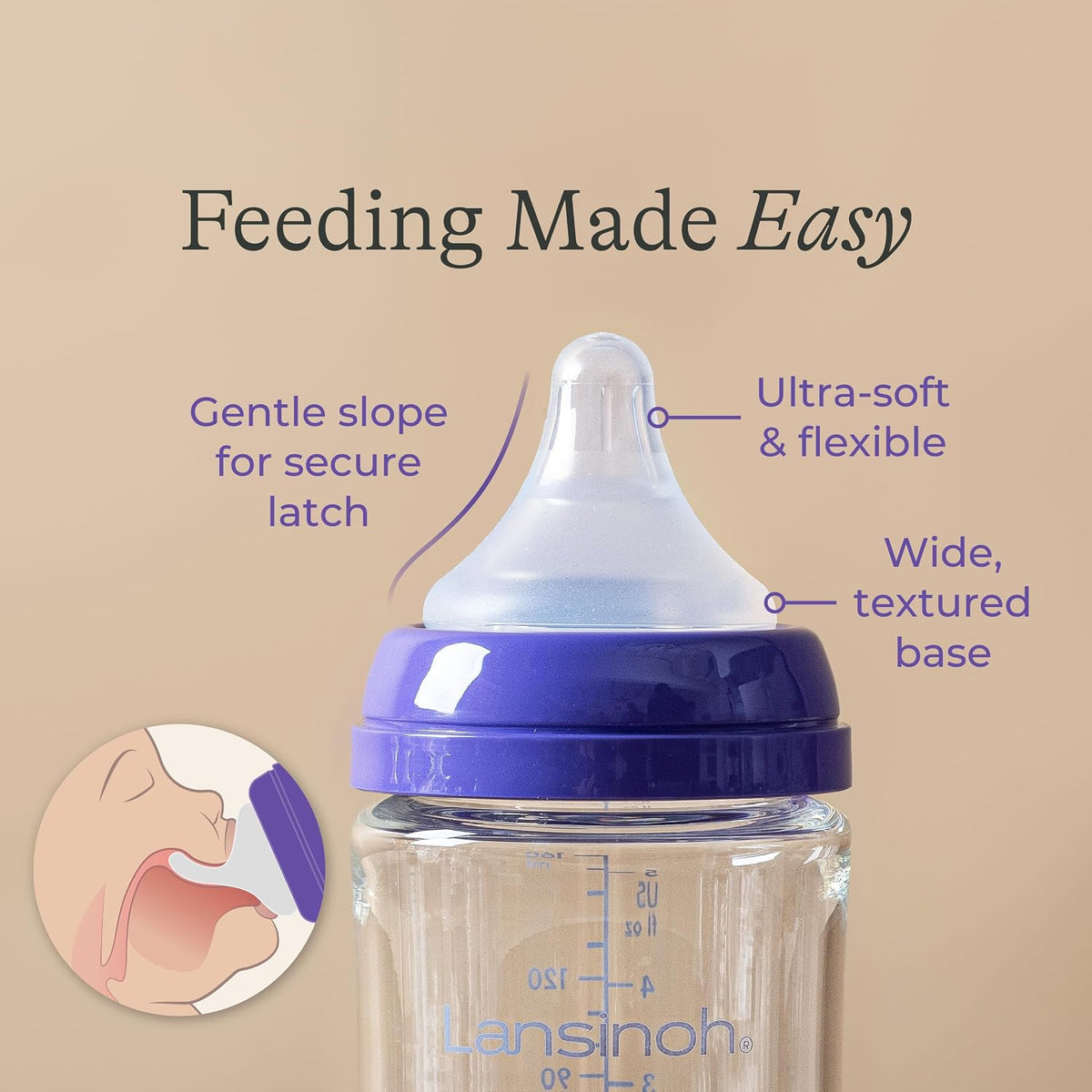 Lansinoh Anti-Colic Glass Baby Bottles, 5 oz (150 ml), 4 Count, Purple Collar - view 5