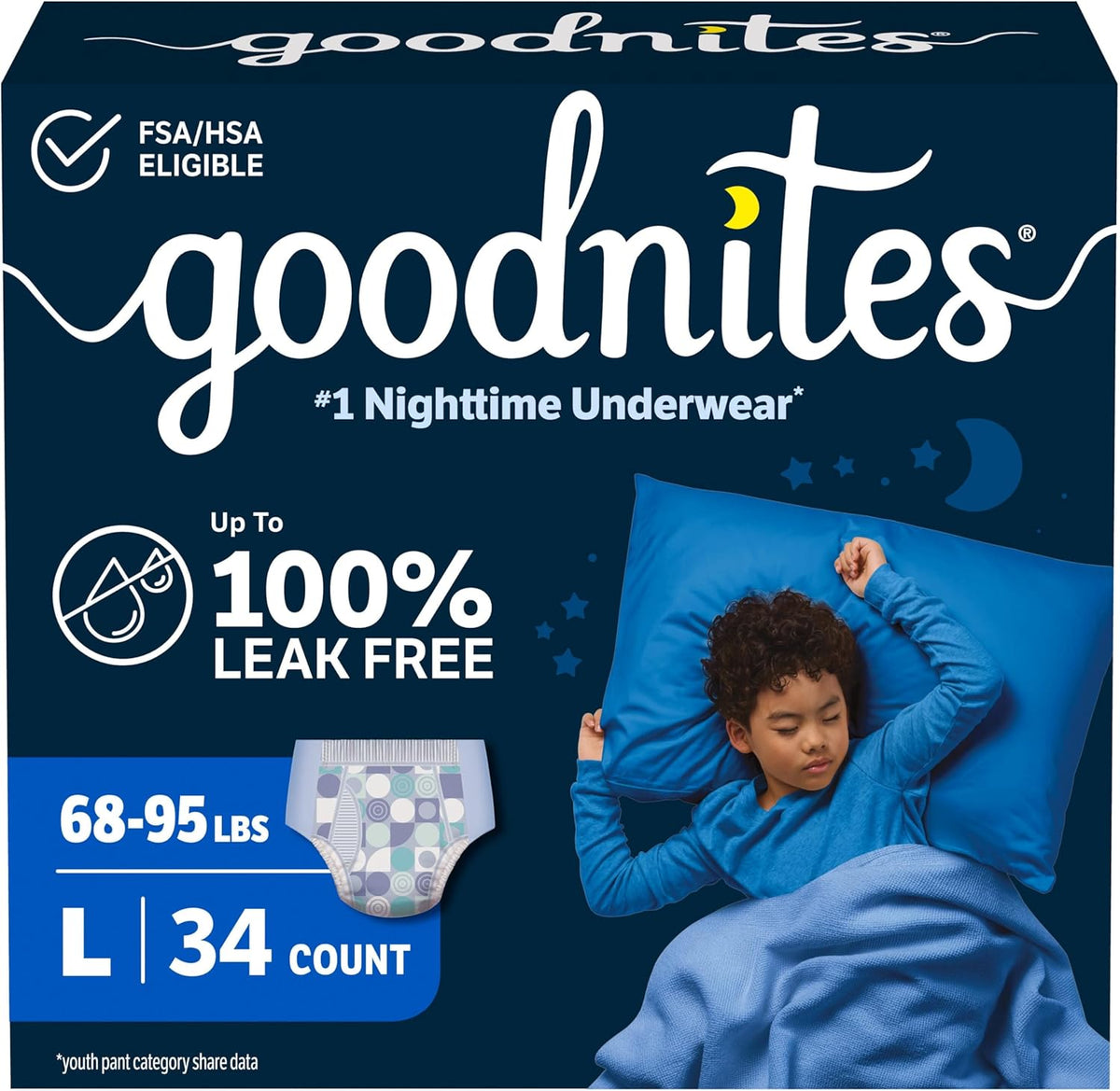 GoodNites Boys Night-Time Underwear, Size Large, 34 Count (2 Packs of 17) — product view