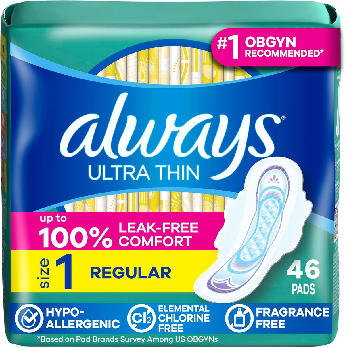 Always Ultra Thin Pads with Wings, Size 1 Regular, Unscented, 46 Count — product view