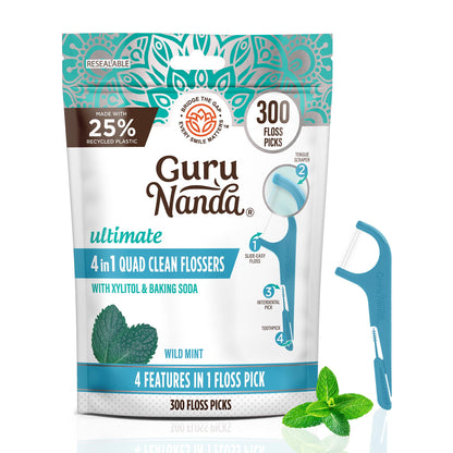 GuruNanda 4-in-1 Quad Clean Dental Floss Picks, Wild Mint, 300 Count