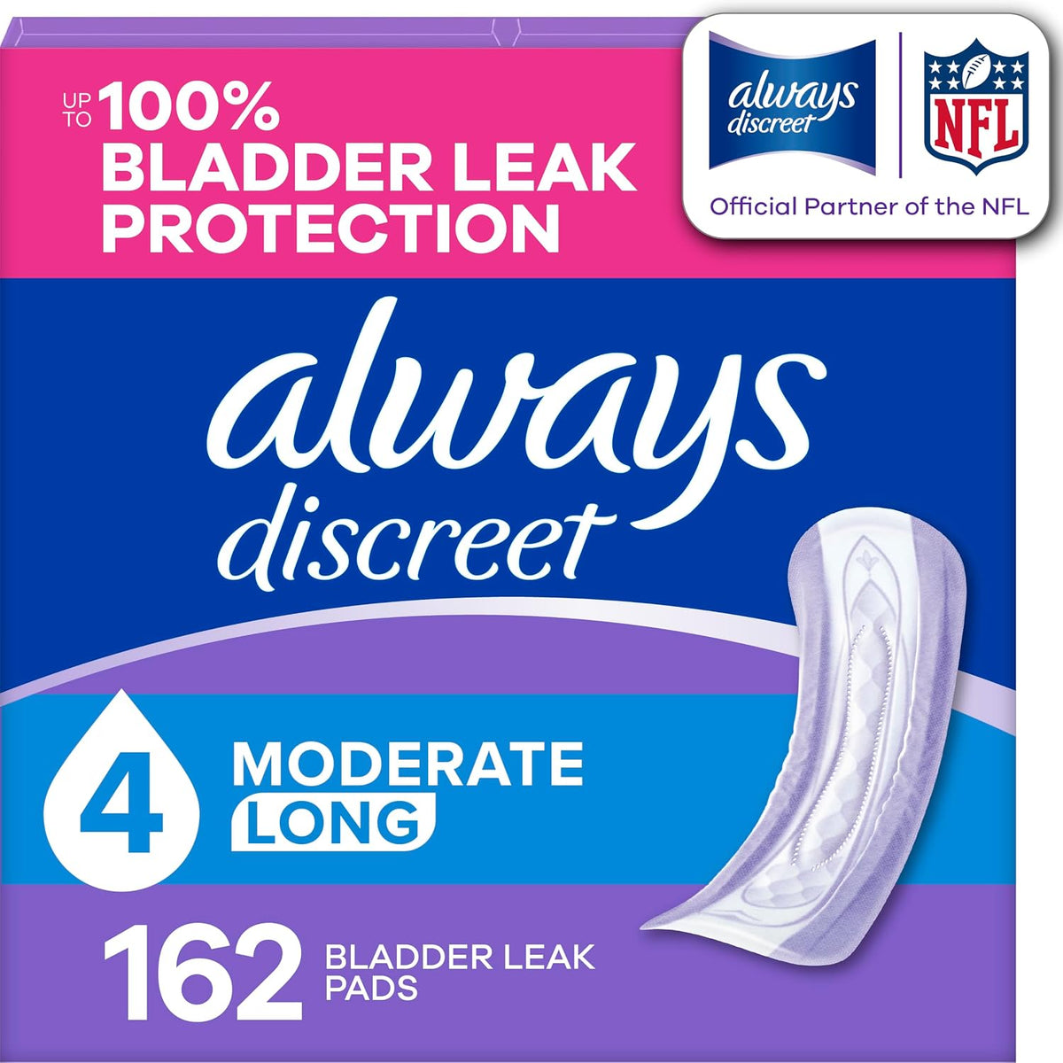 Always Discreet Long Incontinence Pads, Moderate Absorbency, 162 Count