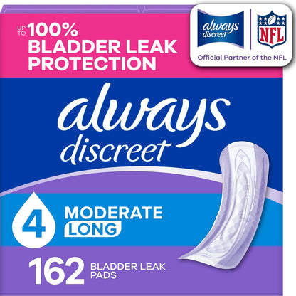 Always Discreet Long Incontinence Pads, Moderate Absorbency, 162 Count