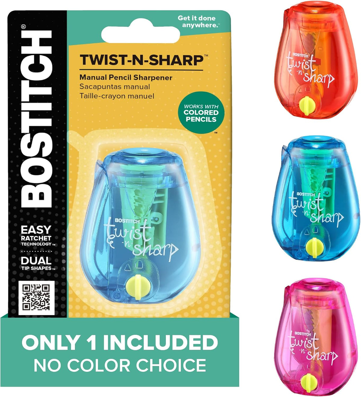 Bostitch Twist-n-Sharp Manual Pencil Sharpener, Assorted Colours, 1 Pack