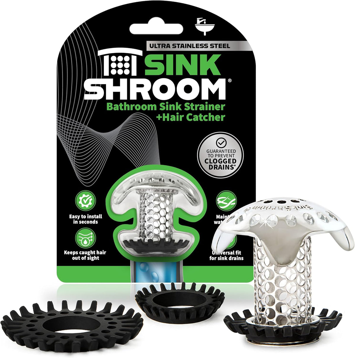 SinkShroom Ultra Bathroom Sink Drain Hair Catcher, Steel