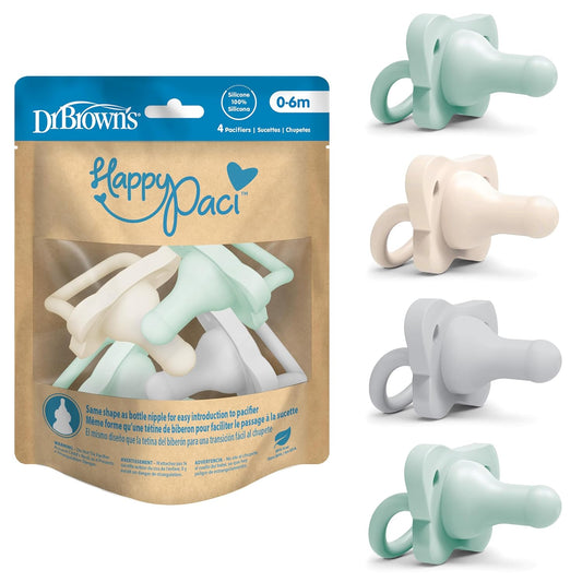 Dr. Brown's HappyPaci Silicone Dummy 0-6m, Grey, Green, Ecru, 4-Pack