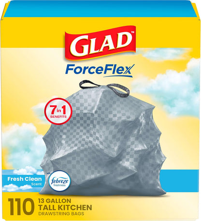 Glad ForceFlex Odorshield 13 Gallon Bin Bags, Febreze Fresh Clean, 110 Count