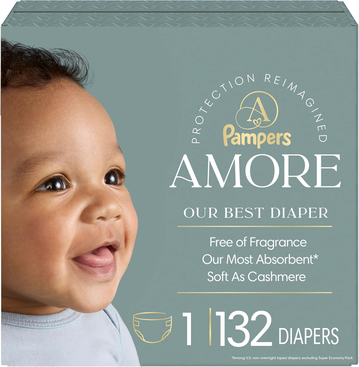 Pampers Amore Nappies, Size 1 (8-14 lbs), 132 Count, Hypoallergenic