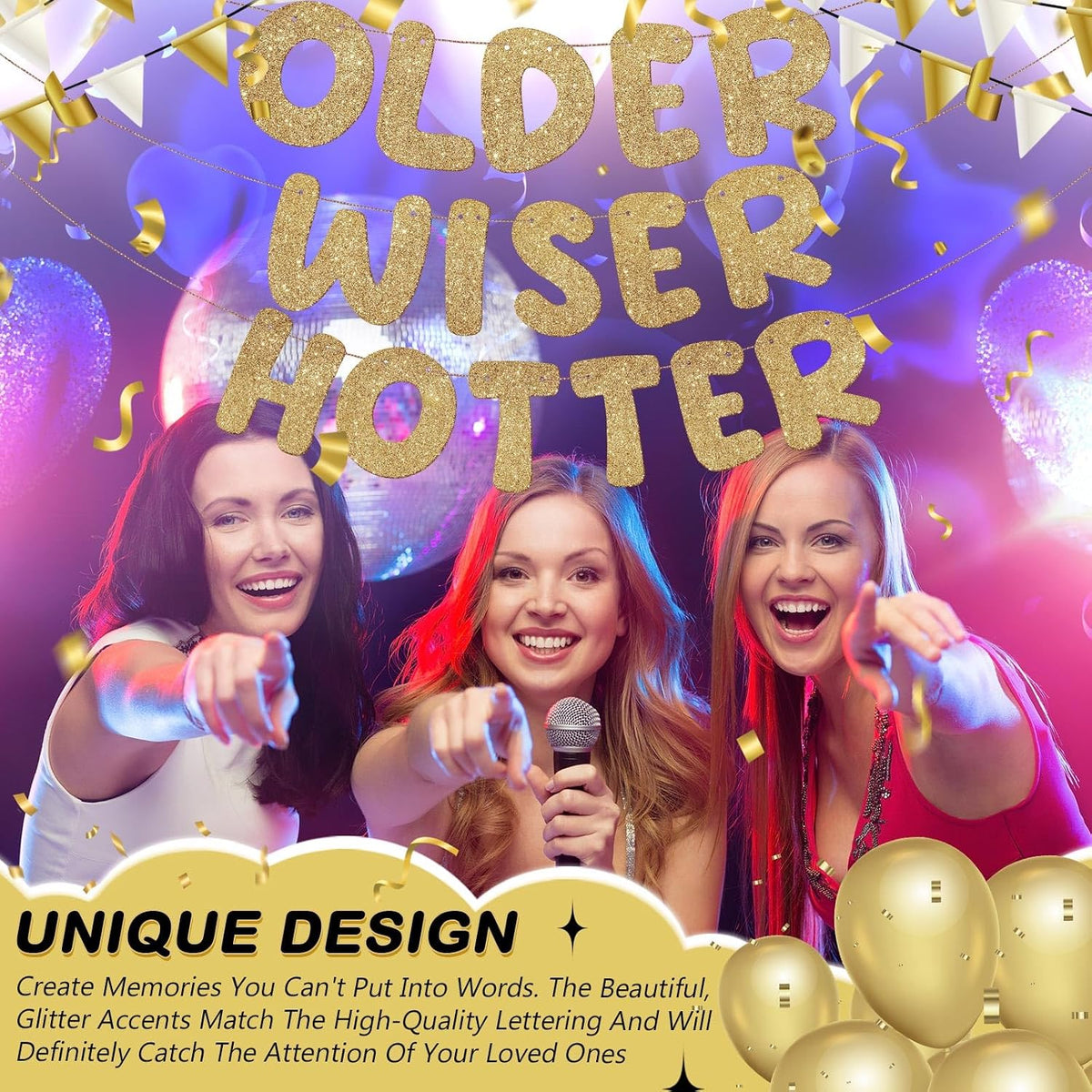 Fulmoon Older Wiser Hotter Birthday Banner, Champagne Gold, 2.2 m - view 6