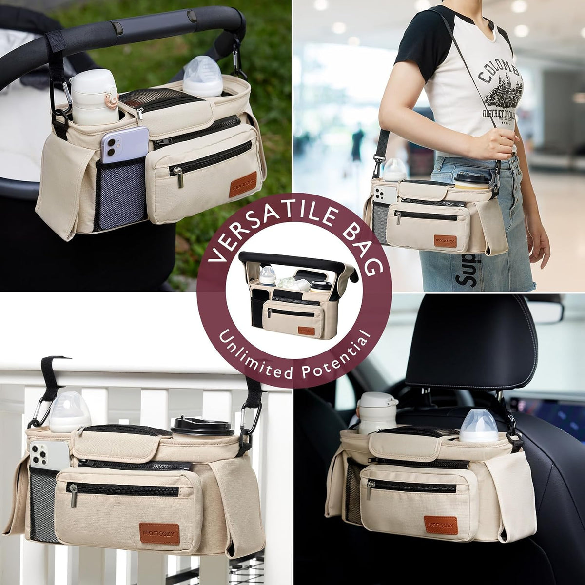 Momcozy Universal Stroller Organiser with Insulated Cup Holders, Khaki - view 4