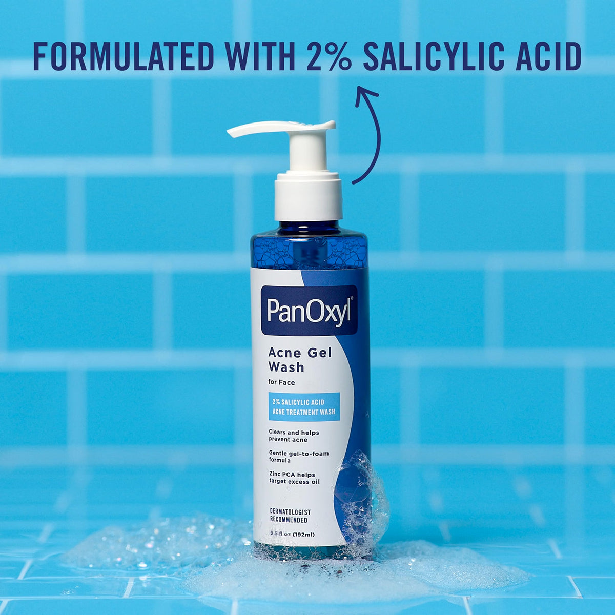 PanOxyl Acne Gel Wash 2% Salicylic Acid - Pump bottle standing upright with foam at base