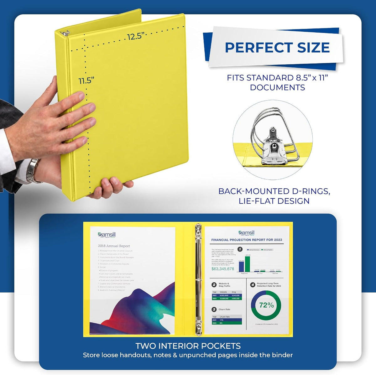 Samsill Durable 0.5 Inch D Ring Binder, Clear View Cover, Lemon Yellow - view 6
