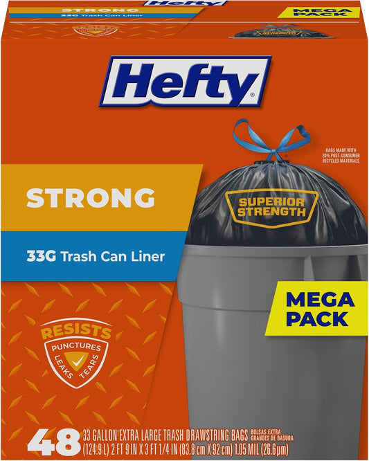Hefty Strong 33 Gallon Extra Large Bin Bags, Black, Unscented, 48 Count