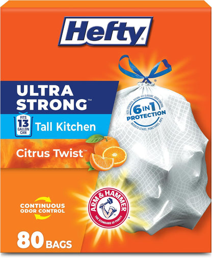 Hefty Ultra Strong 13 Gallon Kitchen Bin Bags, Citrus Twist, 80 Count