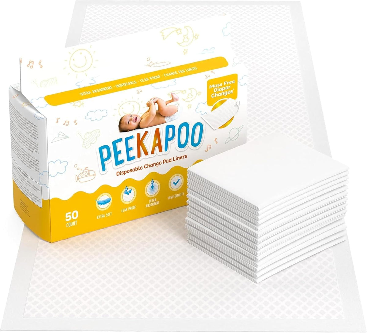 Peekapoo Disposable Baby Changing Pad Liners, 50 Pack — product view