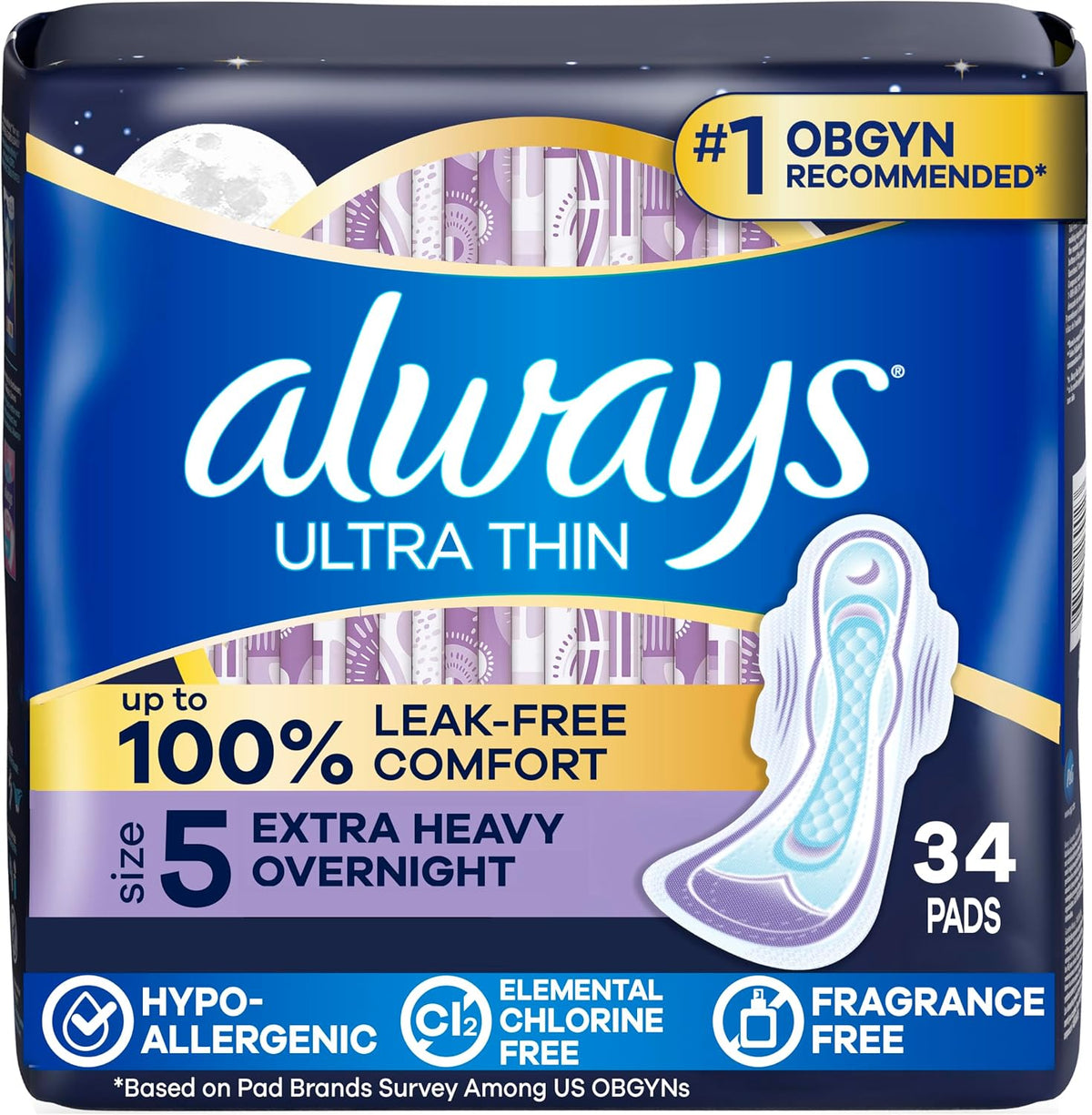 Always Ultra Thin Overnight Pads with Wings, Size 5, Unscented - 34 Count