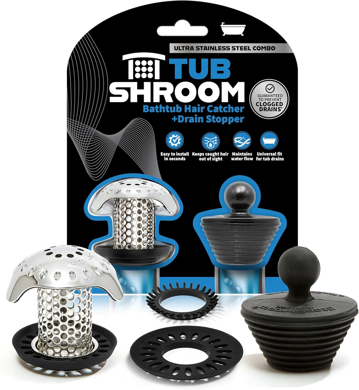 TubShroom Ultra Stainless Steel Bath Tub Drain Hair Catcher Combo — product view